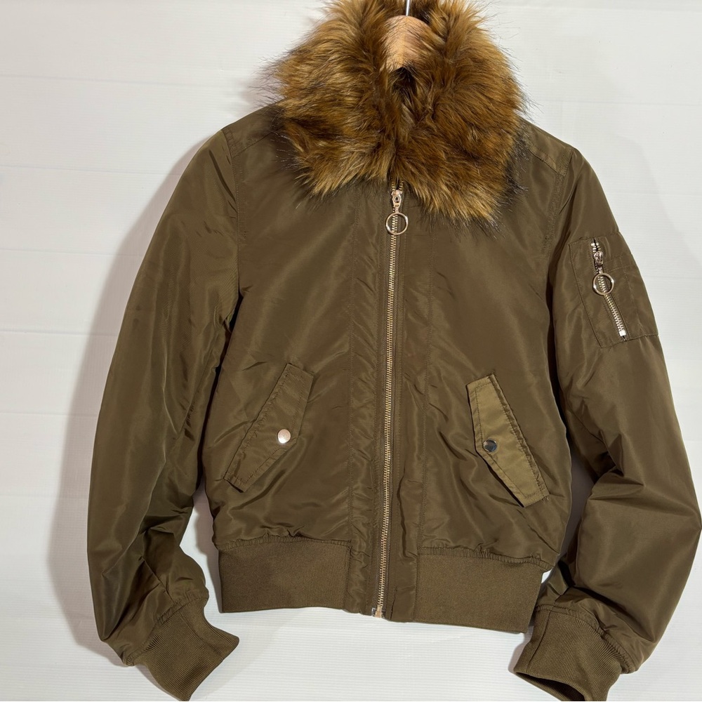 H&M Brown Bomber Jacket with Faux Fur Collar